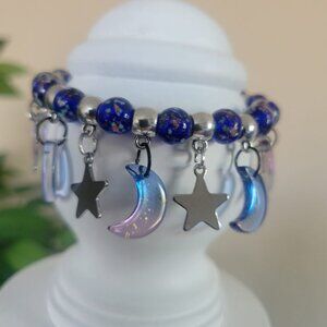 NWT! Glow In The Dark Moon Stars Charm Bracelet Purple Firefly Glass S M L XL